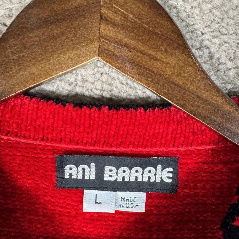 Vintage Ani Barrie Chenille Cardigan‎ Red Black Toggle Closure Made USA Large - Picture 4 of 10